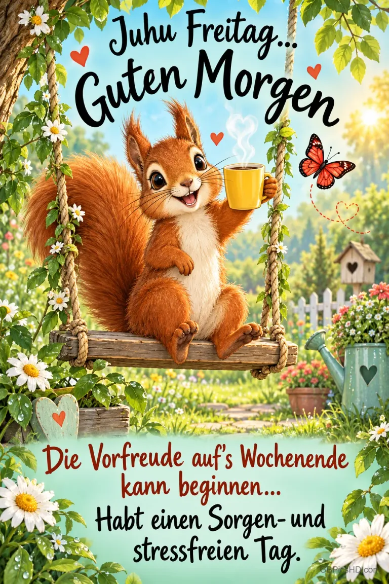 Ein Eichhörnchen hält auf einer Schaukel eine gelbe Tasse hoch, umgeben von Blumen und einem Schmetterling: "Guten Morgen".
