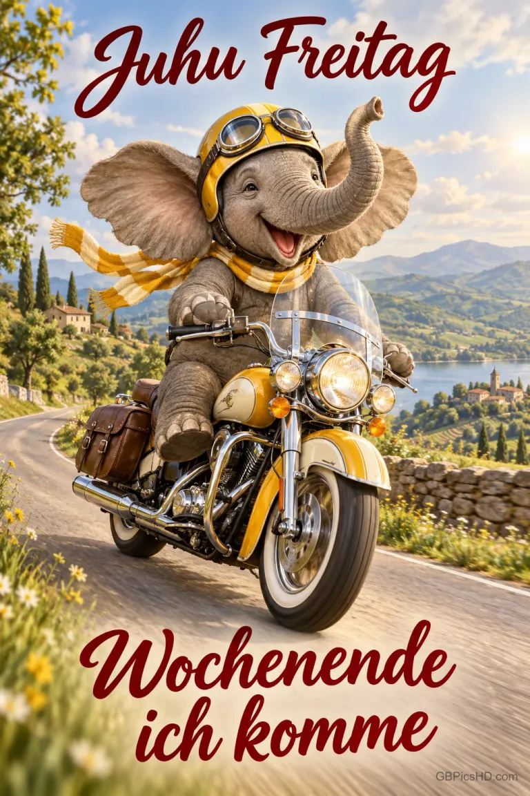 Ein Elefant mit Fliegerbrille und Schal fährt ein gelbes Motorrad an einem See entlang mit "Juhu Freitag Wochenende ich komme".