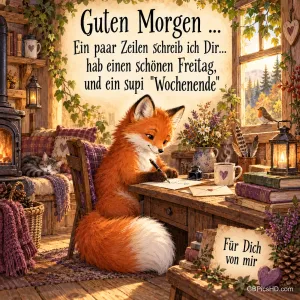 Ein Fuchs schreibt am Holztisch einen Brief, während eine Katze am Ofen schläft; darüber steht "Guten Morgen ...".