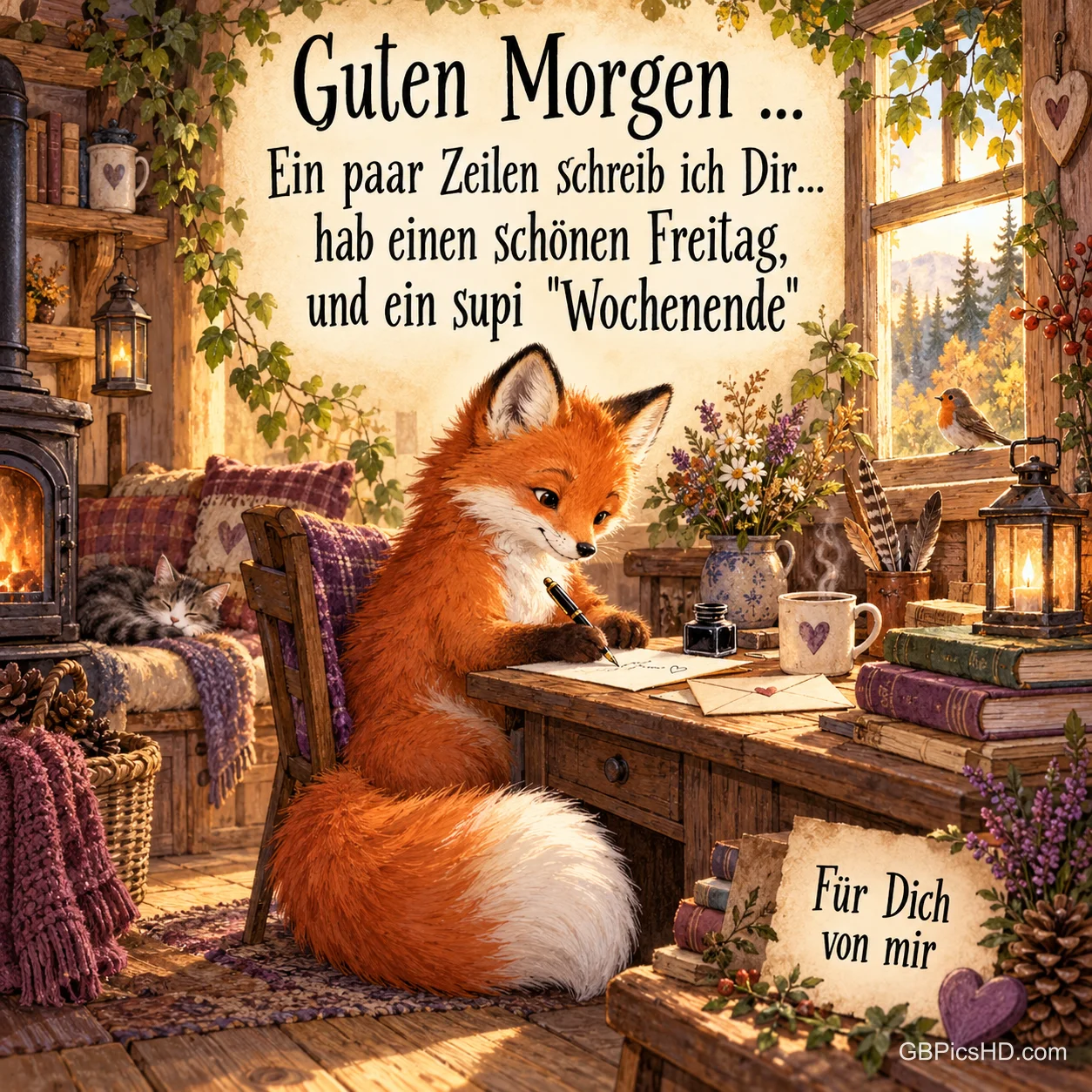 Ein Fuchs schreibt am Holztisch einen Brief, während eine Katze am Ofen schläft; darüber steht "Guten Morgen ...".