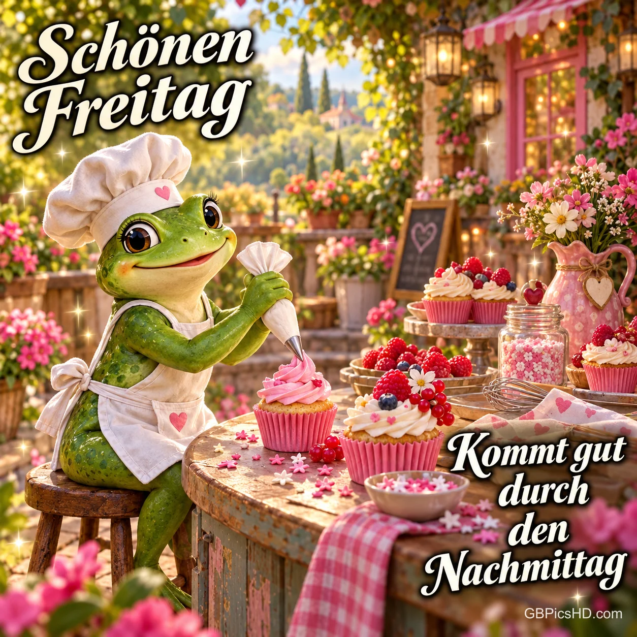 Ein Frosch mit Kochmütze verziert rosa Cupcakes in einem Blumengarten mit "Schönen Freitag Kommt gut durch den Nachmittag".