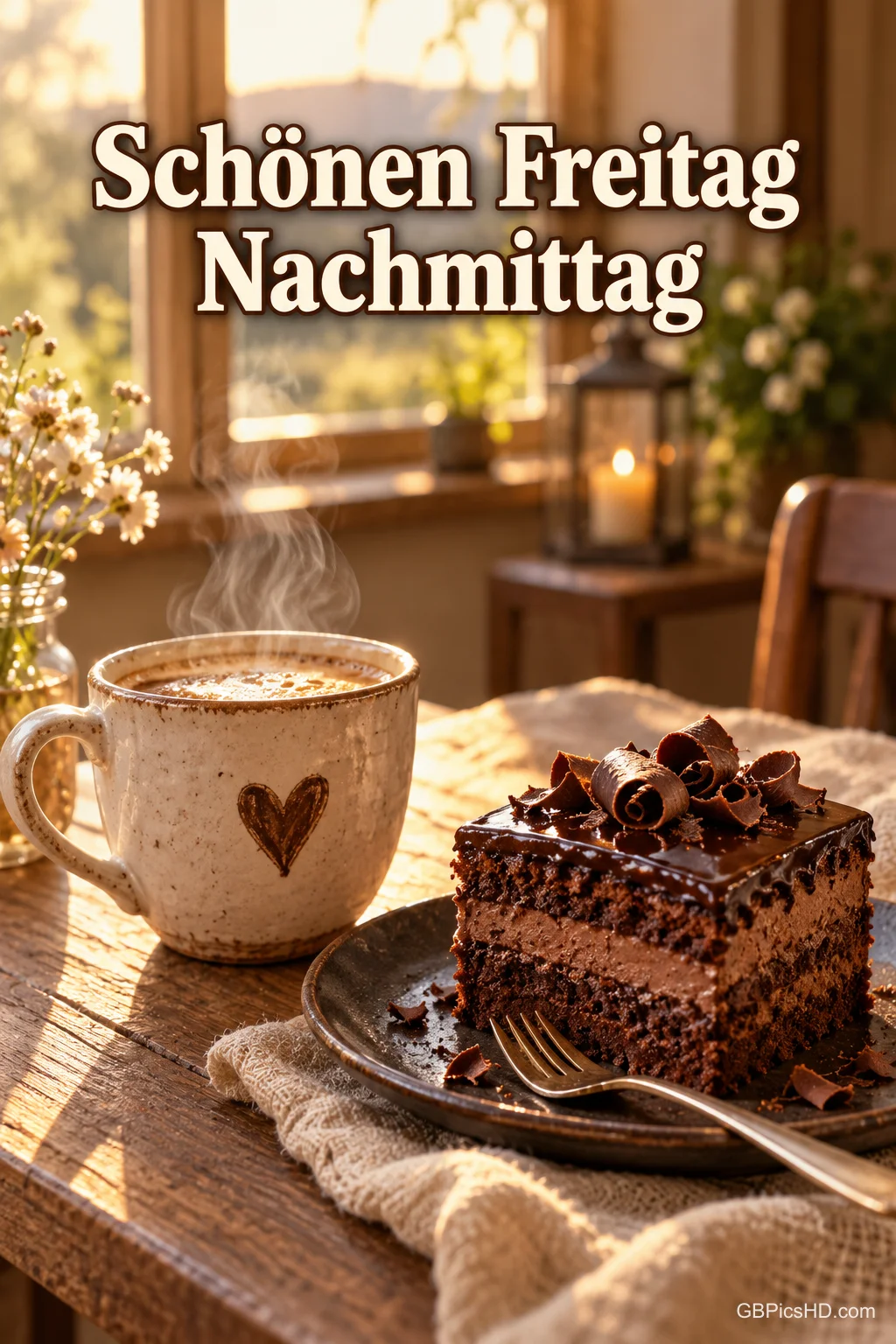 Eine dampfende Tasse mit Herzmotiv und ein Stück Schokoladentorte stehen im Sonnenlicht unter "Schönen Freitag Nachmittag".