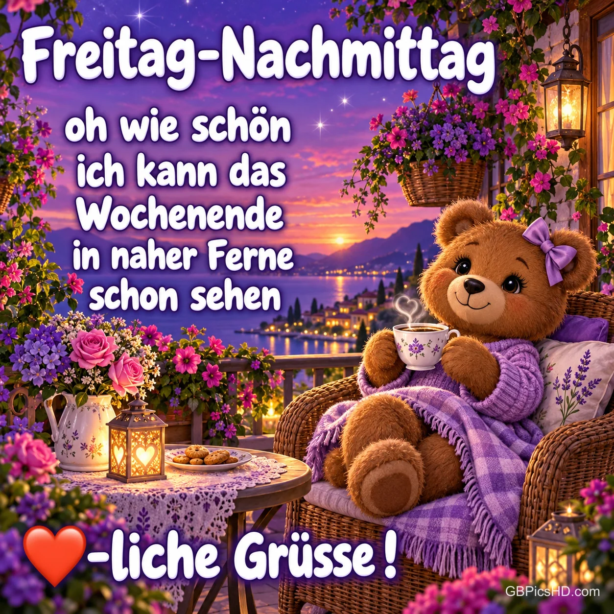 Ein Teddybär mit lila Schleife hält eine Tasse im Korbsessel auf einem blumengeschmückten Balkon bei Sonnenuntergang mit "Freitag-Nachmittag".