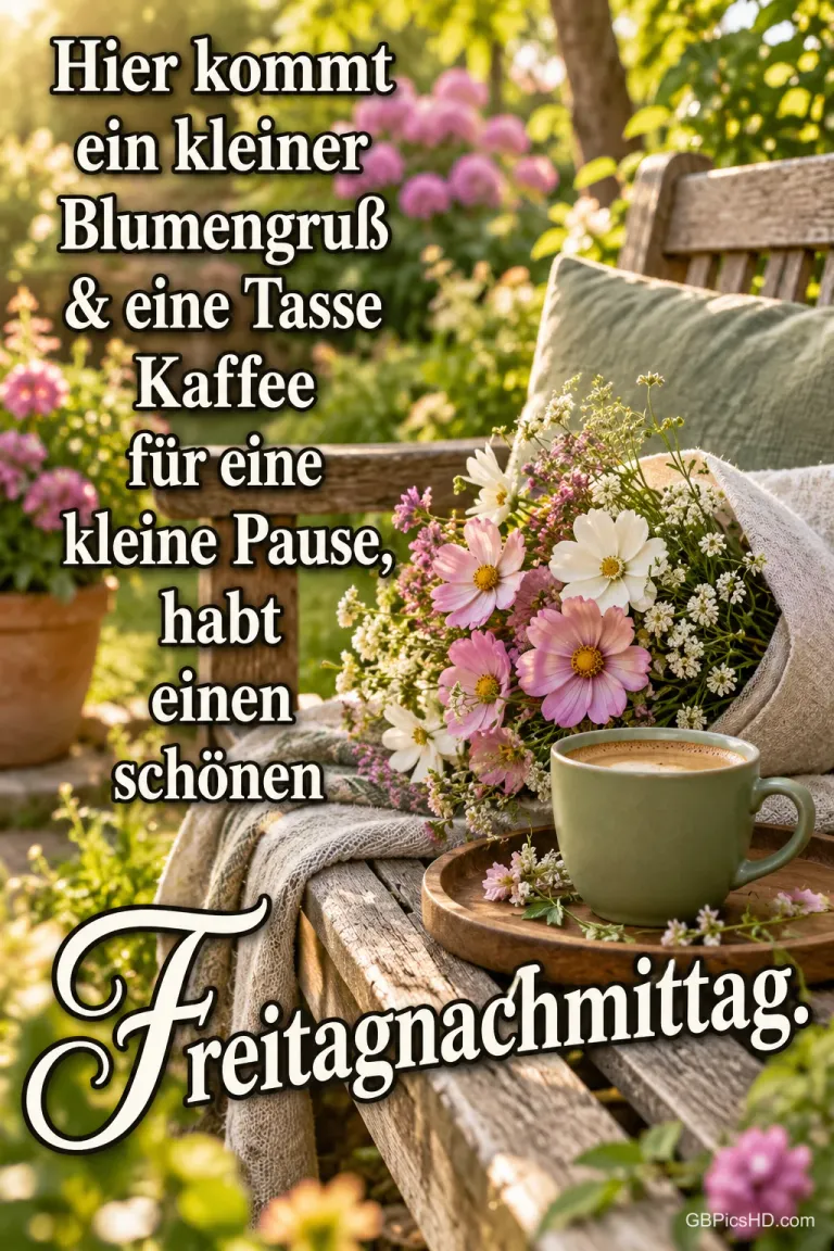 Ein rosa-weißer Blumenstrauß und eine grüne Kaffeetasse stehen auf einer Gartenbank neben "habt einen schönen Freitagnachmittag.".