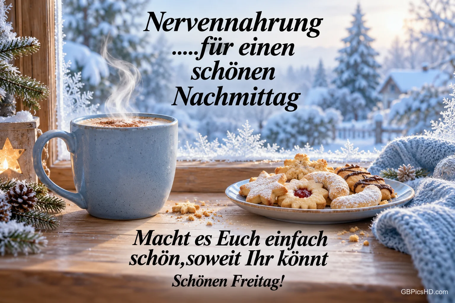 Eine dampfende Tasse und Weihnachtsgebäck vor einem verschneiten Fenster mit dem Gruß "Schönen Freitag!".