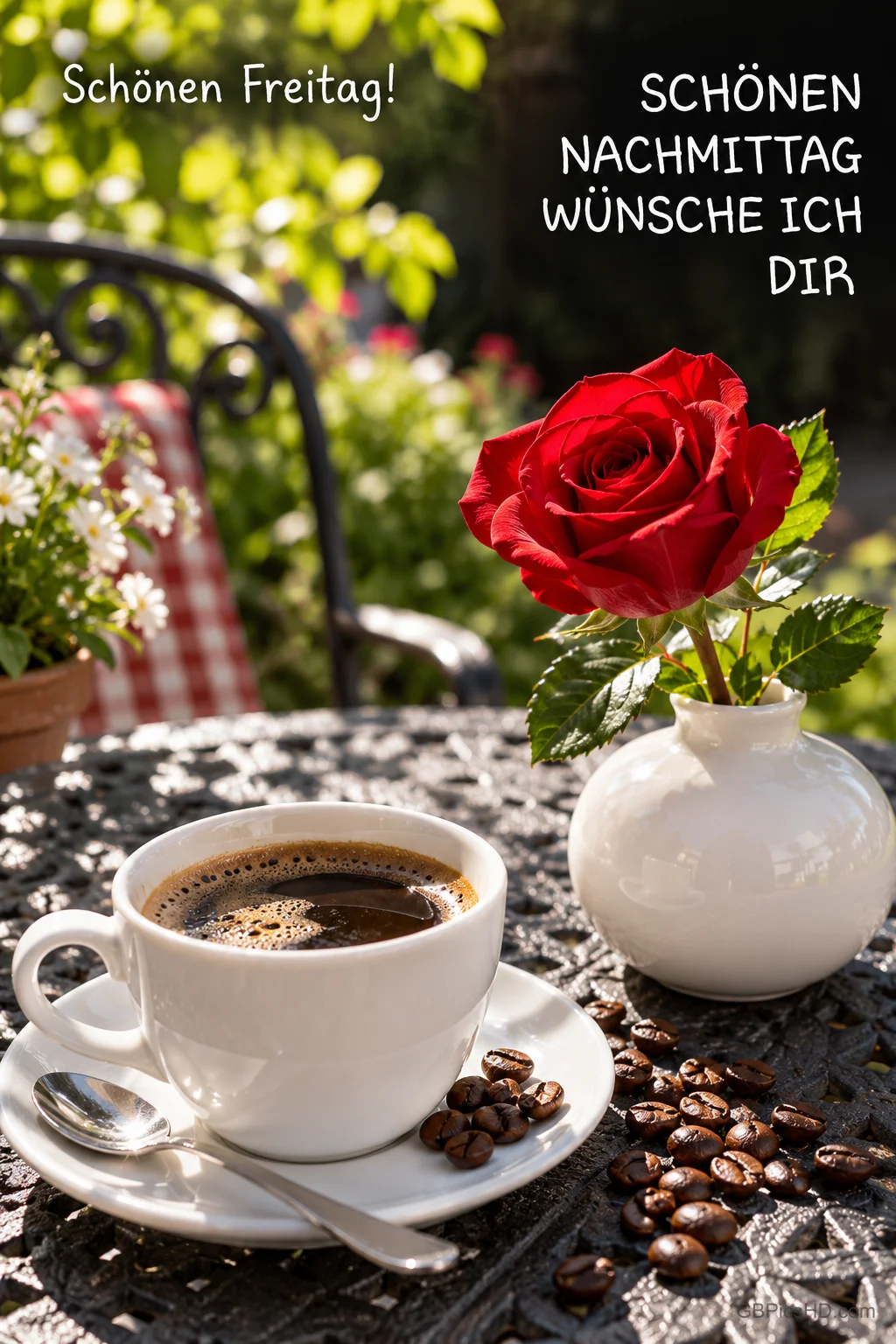 Kaffee und eine rote Rose in einer weißen Vase auf einem Gartentisch mit "Schönen Nachmittag wünsche ich dir".