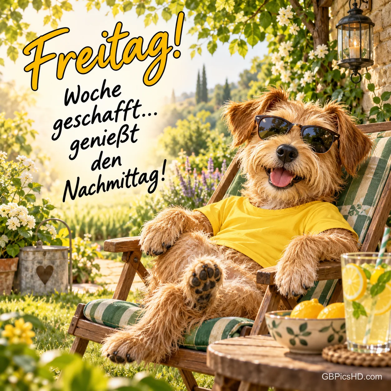 Ein Hund mit Sonnenbrille und gelbem Shirt entspannt im Gartenstuhl neben "Freitag! Woche geschafft... genießt den Nachmittag!".