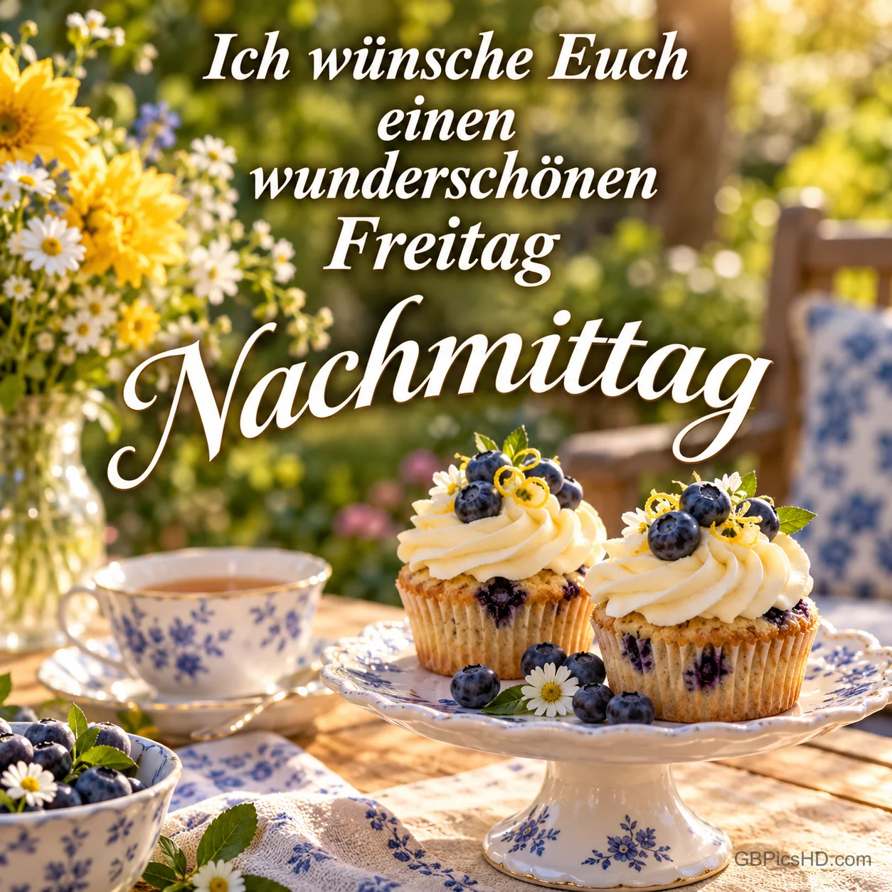 Zwei Blaubeermuffins mit Creme, eine Teetasse und Blumen im Garten mit "Ich wünsche Euch einen wunderschönen Freitagnachmittag".