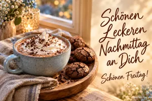 Kakao mit Sahne und Schokokekse auf einem Holztablett am Fenster mit "Schönen leckeren Nachmittag an Dich Schönen Freitag!".