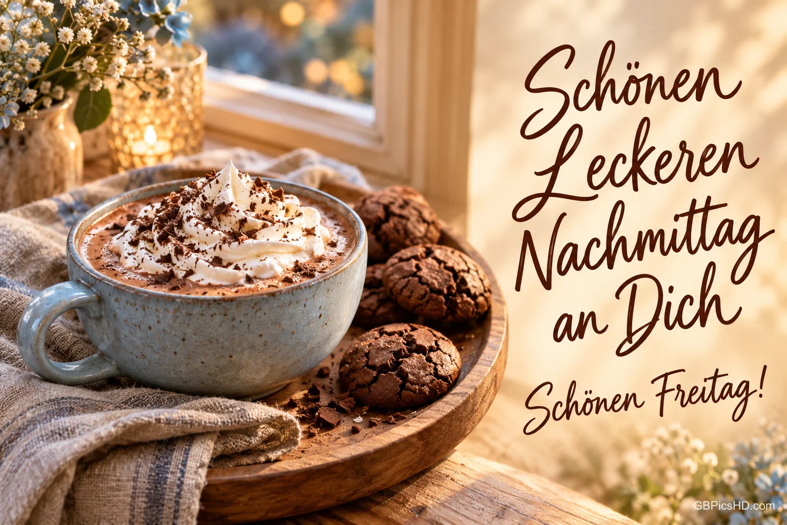 Kakao mit Sahne und Schokokekse auf einem Holztablett am Fenster mit "Schönen leckeren Nachmittag an Dich Schönen Freitag!".