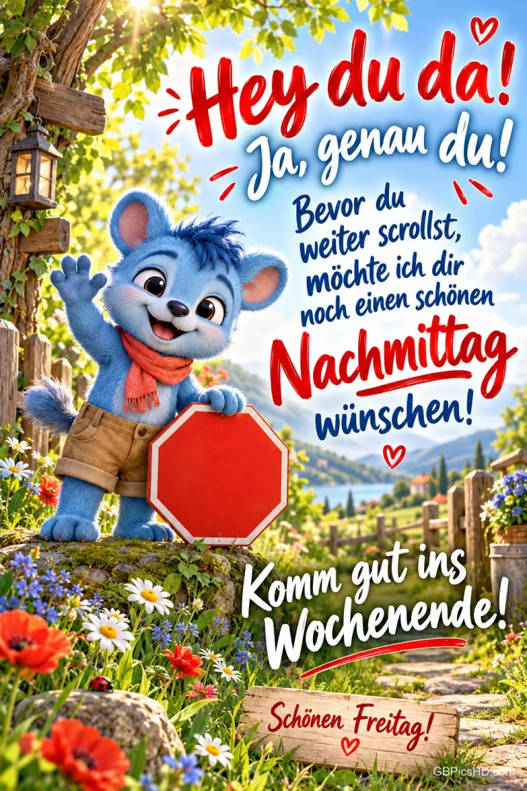 Eine blaue Maus mit rotem Schal winkt neben einem roten Stoppschild auf einem Blumenweg mit "Komm gut ins Wochenende!".