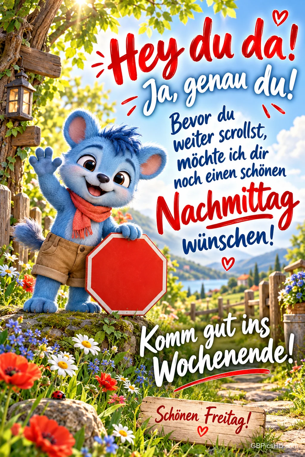 Eine blaue Maus mit rotem Schal winkt neben einem roten Stoppschild auf einem Blumenweg mit "Komm gut ins Wochenende!".