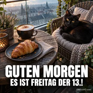 Schwarze Katze liegt auf einem Korbsessel am Balkonfenster mit Blick über die Stadt, davor Cappuccino und Croissant, Text: Guten Morgen, es ist Freitag der 13.!