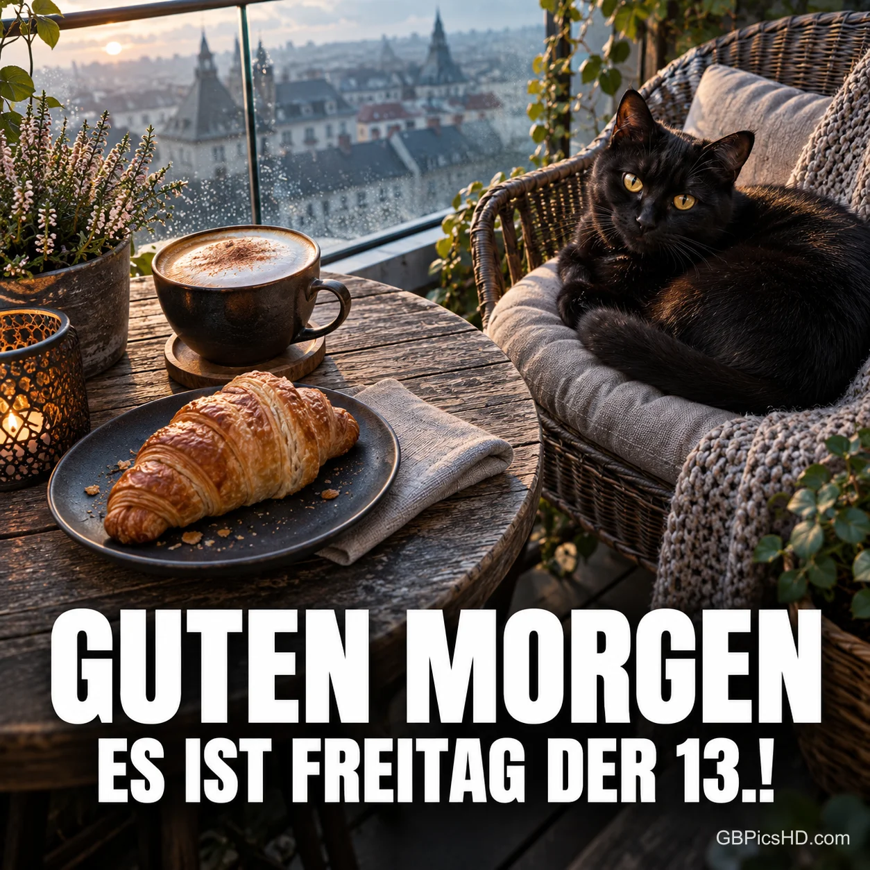 Schwarze Katze liegt auf einem Korbsessel am Balkonfenster mit Blick über die Stadt, davor Cappuccino und Croissant, Text: Guten Morgen, es ist Freitag der 13.! Schwarze Katze liegt auf einem Korbsessel am Balkonfenster mit Blick über die Stadt, davor Cappuccino und Croissant, Text: Guten Morgen, es ist Freitag der 13.!