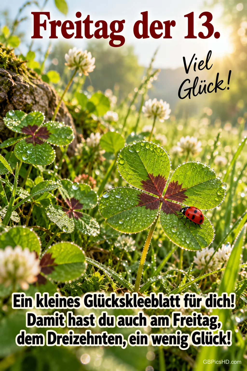 Vierblättriges Kleeblatt in einer taufrischen Wiese mit Kleeblüten, ein kleiner Marienkäfer sitzt auf einem Blatt, dazu Glückwünsche zu Freitag, dem 13. Vierblättriges Kleeblatt in einer taufrischen Wiese mit Kleeblüten, ein kleiner Marienkäfer sitzt auf einem Blatt, dazu Glückwünsche zu Freitag, dem 13.