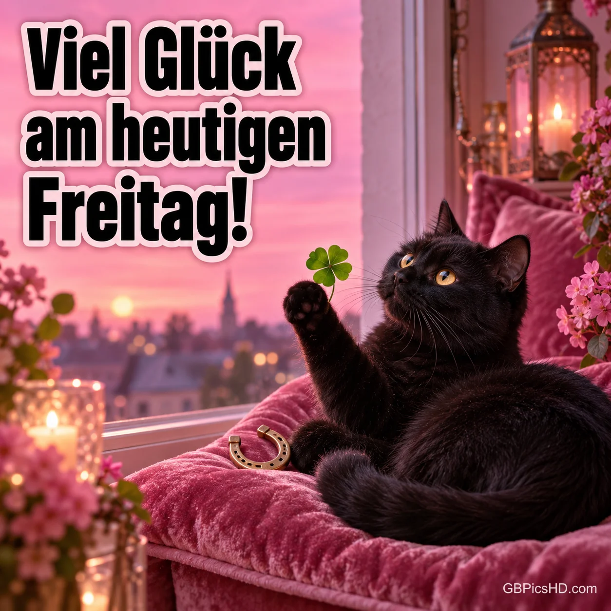 Schwarze Katze liegt auf einem rosa Samtkissen am Fenster, hebt die Pfote nach einem Kleeblatt, daneben ein Hufeisen, Kerzen und Abendrot über der Stadt Schwarze Katze liegt auf einem rosa Samtkissen am Fenster, hebt die Pfote nach einem Kleeblatt, daneben ein Hufeisen, Kerzen und Abendrot über der Stadt