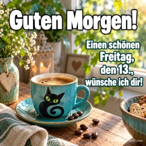 Türkisfarbene Kaffeetasse mit schwarzem Katzenmotiv auf einem Holztisch, umgeben von Kaffeebohnen, Keksen, Blumen und Kerzenlicht, mit Morgengruß zu Freitag, dem 13.