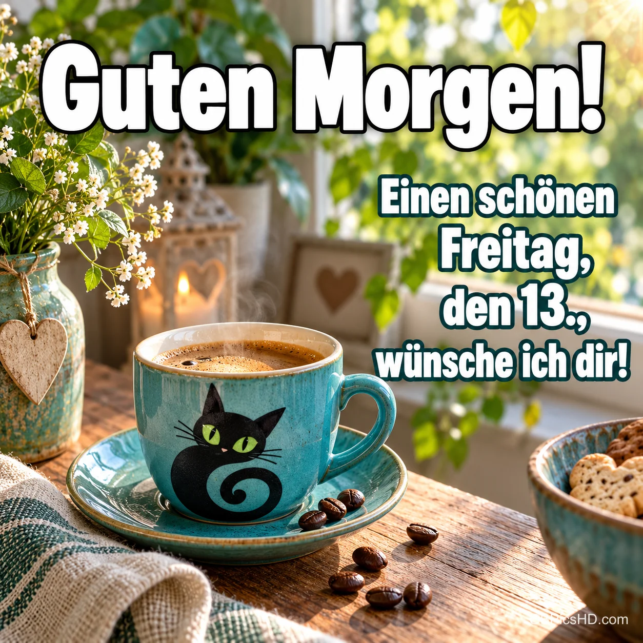 Türkisfarbene Kaffeetasse mit schwarzem Katzenmotiv auf einem Holztisch, umgeben von Kaffeebohnen, Keksen, Blumen und Kerzenlicht, mit Morgengruß zu Freitag, dem 13. Türkisfarbene Kaffeetasse mit schwarzem Katzenmotiv auf einem Holztisch, umgeben von Kaffeebohnen, Keksen, Blumen und Kerzenlicht, mit Morgengruß zu Freitag, dem 13.
