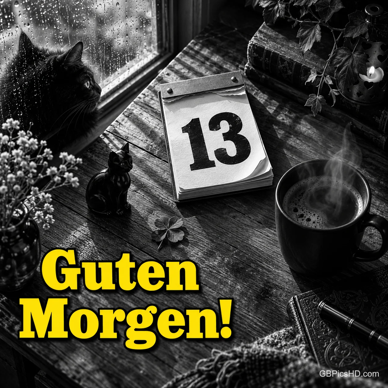 Schwarz-weiße Szene mit Abreißkalender, der die Zahl 13 zeigt, daneben dampfender Kaffee, eine kleine Katzenfigur und eine schwarze Katze am verregneten Fenster Schwarz-weiße Szene mit Abreißkalender, der die Zahl 13 zeigt, daneben dampfender Kaffee, eine kleine Katzenfigur und eine schwarze Katze am verregneten Fenster
