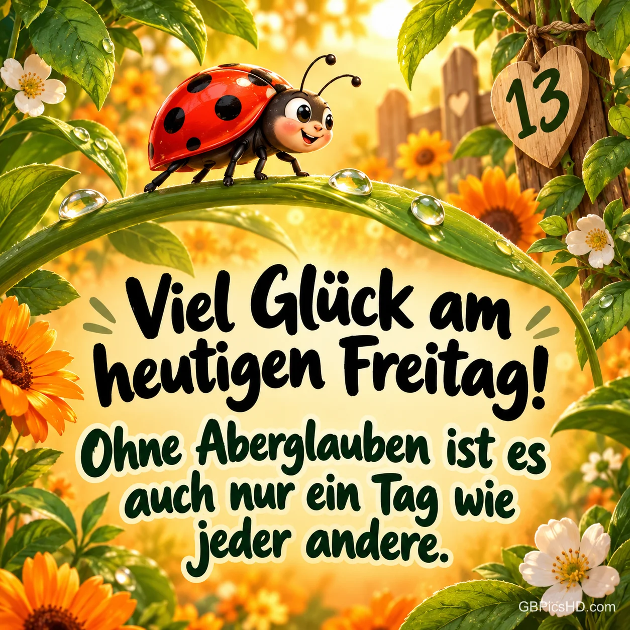 Fröhlicher Marienkäfer im Cartoonstil krabbelt über einen Grashalm mit Tautropfen, umgeben von Sonnenblumen und Blüten, an einem Baum hängt ein Holzherz mit der Zahl 13 Fröhlicher Marienkäfer im Cartoonstil krabbelt über einen Grashalm mit Tautropfen, umgeben von Sonnenblumen und Blüten, an einem Baum hängt ein Holzherz mit der Zahl 13