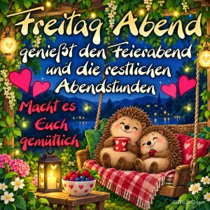 Zwei fröhliche Igel mit Tasse sitzen auf einer Hollywoodschaukel mit karierter Decke zwischen Blumen und Laternen, dazu ein bunter Feierabendgruß zum Freitag