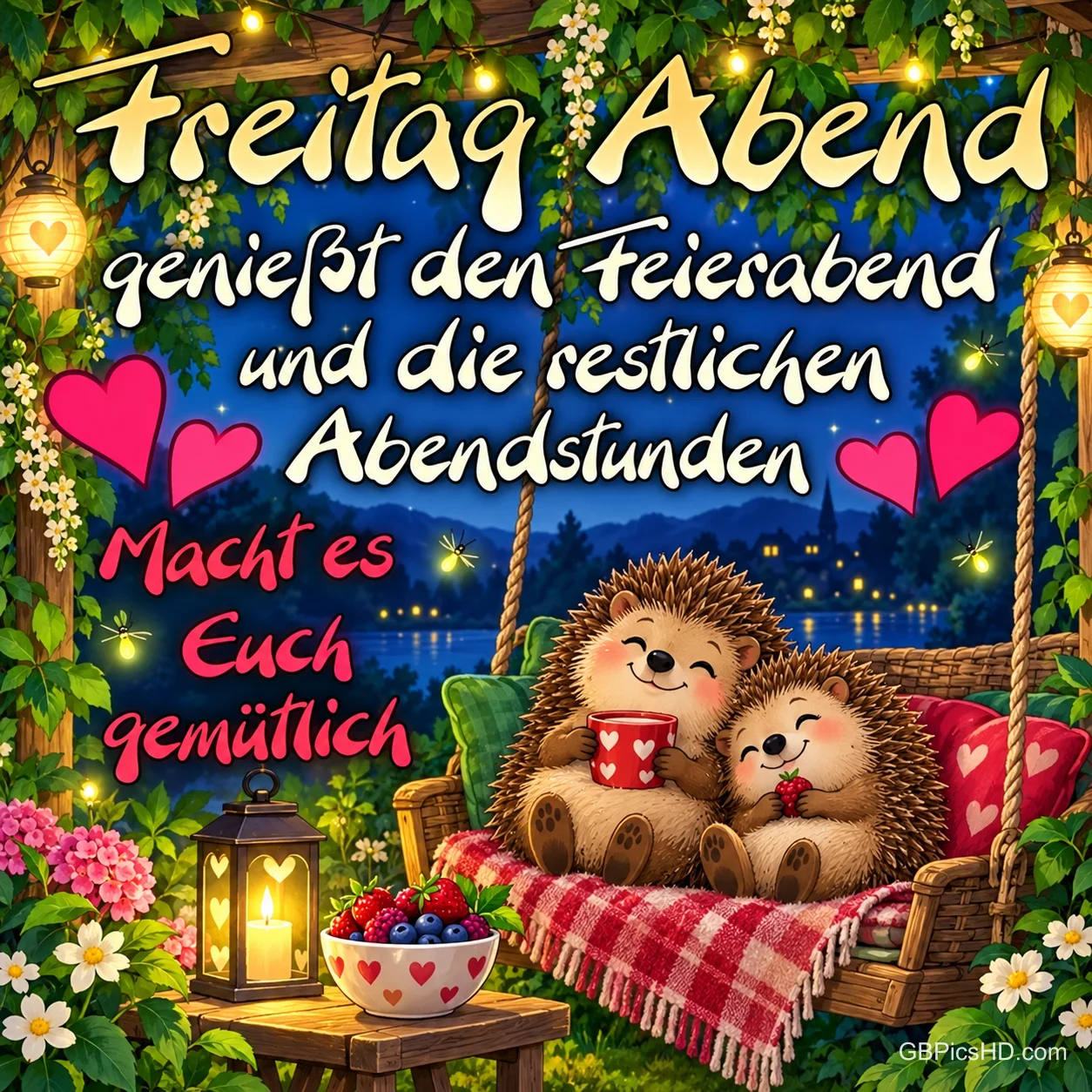 Zwei fröhliche Igel mit Tasse sitzen auf einer Hollywoodschaukel mit karierter Decke zwischen Blumen und Laternen, dazu ein bunter Feierabendgruß zum Freitag Zwei fröhliche Igel mit Tasse sitzen auf einer Hollywoodschaukel mit karierter Decke zwischen Blumen und Laternen, dazu ein bunter Feierabendgruß zum Freitag