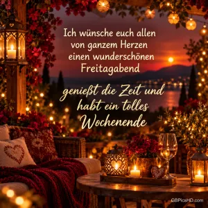 Gemütliche Terrasse mit Kerzen, Weinglas, Laternen und roten Blumen über einem See im Abendrot, dazu herzliche Wünsche für Freitagabend und Wochenende