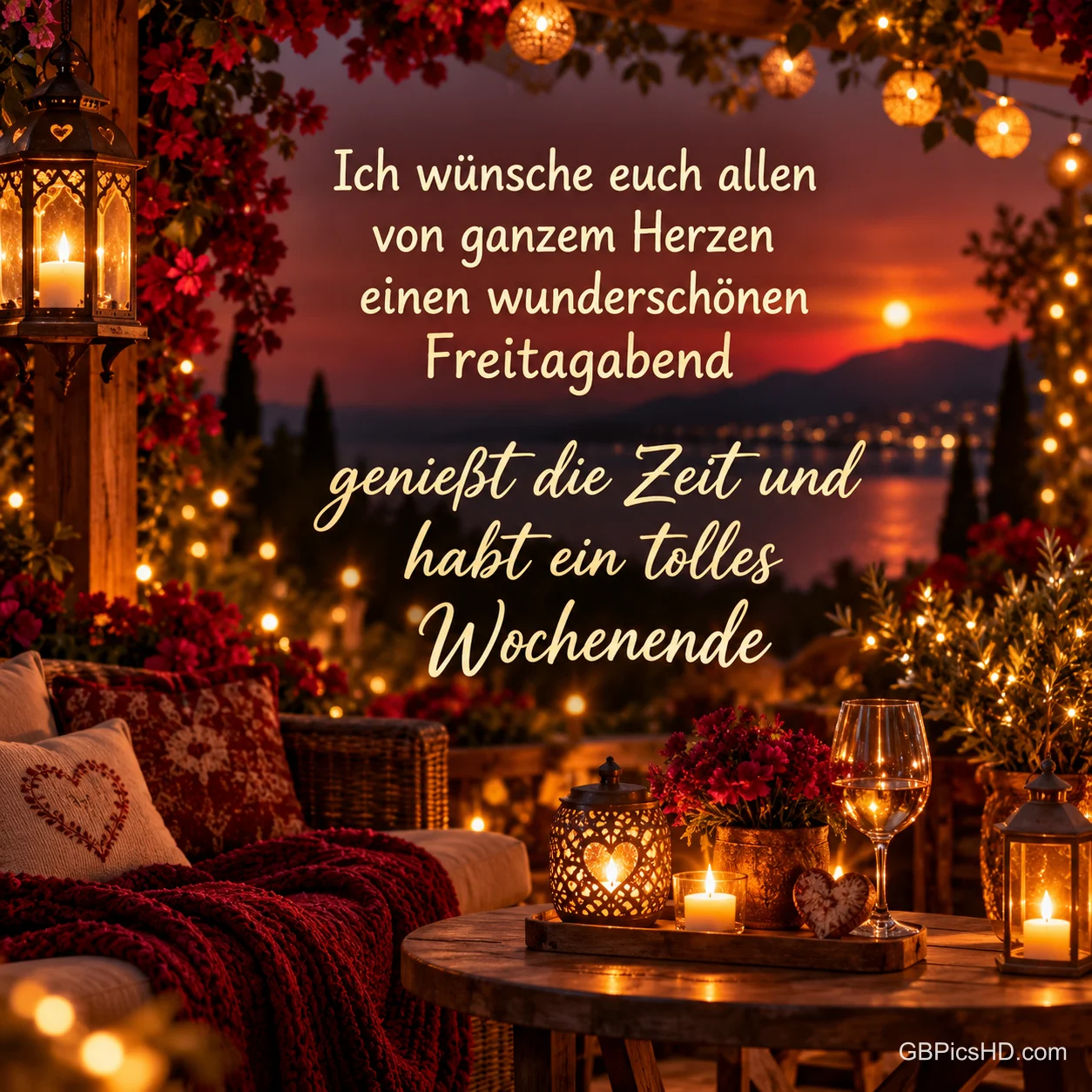 Gemütliche Terrasse mit Kerzen, Weinglas, Laternen und roten Blumen über einem See im Abendrot, dazu herzliche Wünsche für Freitagabend und Wochenende Gemütliche Terrasse mit Kerzen, Weinglas, Laternen und roten Blumen über einem See im Abendrot, dazu herzliche Wünsche für Freitagabend und Wochenende
