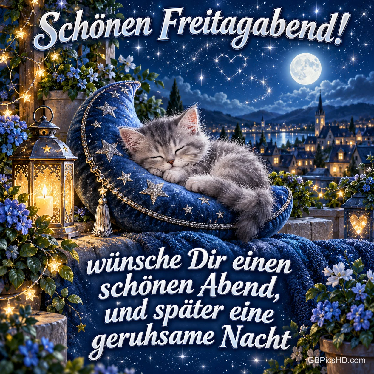 Graues Kätzchen schläft auf einem blauen Mondkissen mit Sternen, daneben Laternen und Blumen, im Hintergrund ein nächtliches Städtchen unter dem Vollmond Graues Kätzchen schläft auf einem blauen Mondkissen mit Sternen, daneben Laternen und Blumen, im Hintergrund ein nächtliches Städtchen unter dem Vollmond
