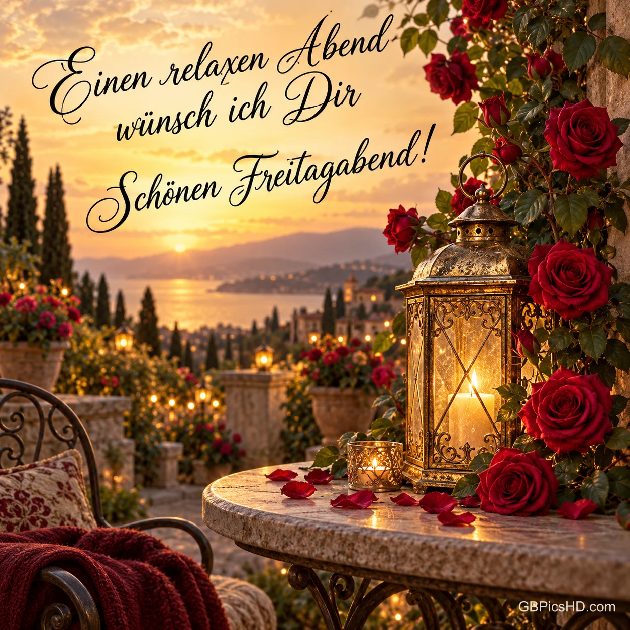Terrasse mit roten Rosen, Laterne, Kerzen und Rosenblättern auf einem Steintisch, Blick auf einen See im goldenen Sonnenuntergang, dazu ein entspannter Freitagsgruß Terrasse mit roten Rosen, Laterne, Kerzen und Rosenblättern auf einem Steintisch, Blick auf einen See im goldenen Sonnenuntergang, dazu ein entspannter Freitagsgruß