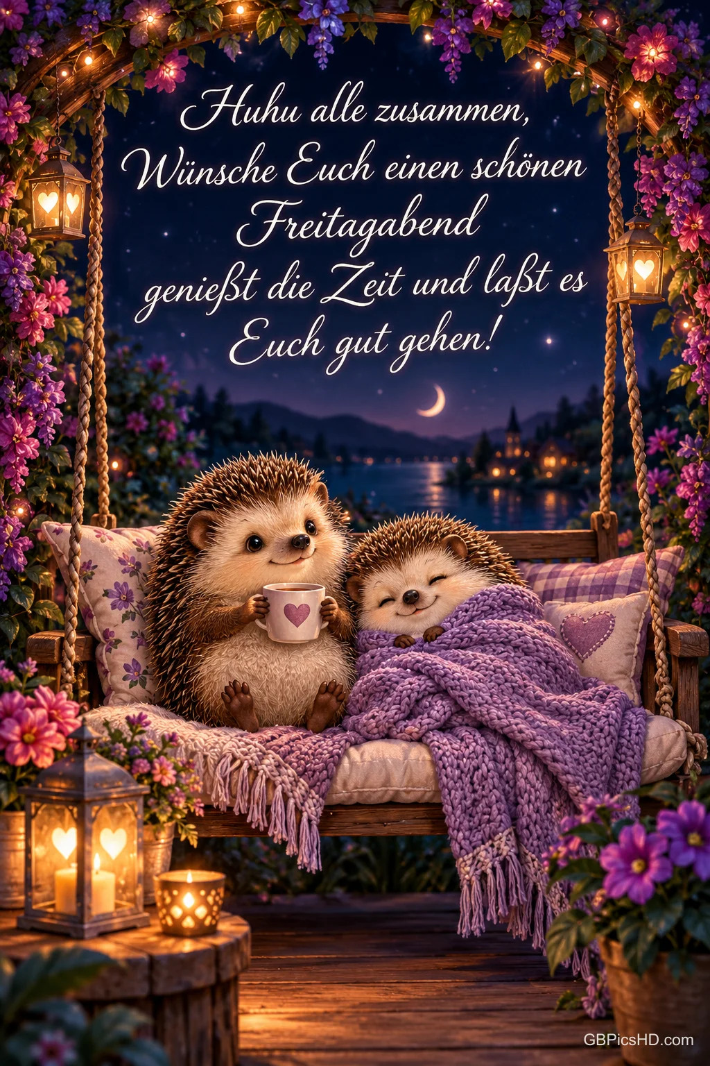 Zwei Igel kuscheln sich mit Tasse unter eine lila Decke auf einer Hollywoodschaukel, umrahmt von Blüten und Laternen, dahinter ein See bei Nacht Zwei Igel kuscheln sich mit Tasse unter eine lila Decke auf einer Hollywoodschaukel, umrahmt von Blüten und Laternen, dahinter ein See bei Nacht