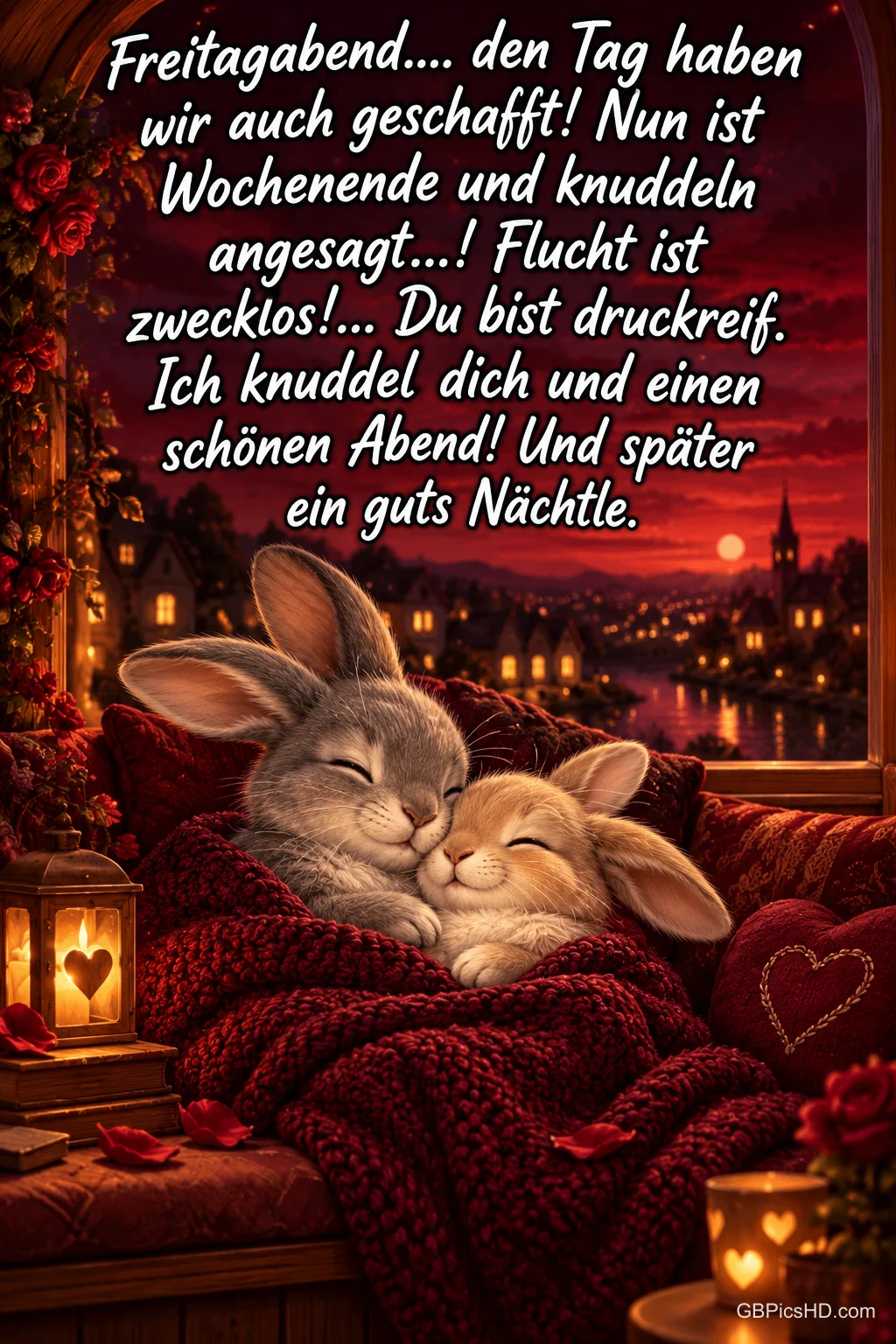 Zwei Hasen kuscheln unter einer roten Strickdecke vor einer Stadt im Abendrot unter "Freitagabend.... den Tag haben wir auch geschafft!". Zwei Hasen kuscheln unter einer roten Strickdecke vor einer Stadt im Abendrot unter "Freitagabend.... den Tag haben wir auch geschafft!".