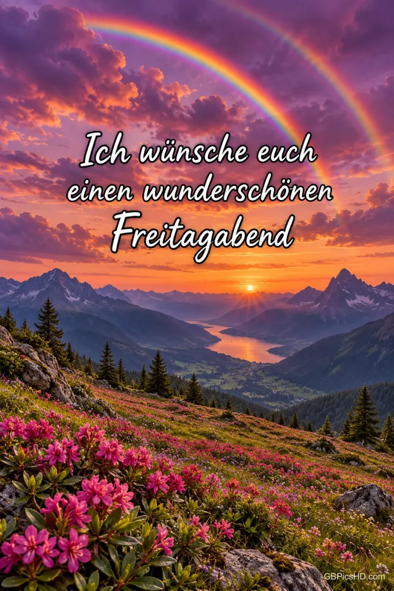 Blühende Alpenrosen an einem Berghang, Blick in ein Tal mit See und Gipfeln im Sonnenuntergang, darüber ein Regenbogen am violetten Abendhimmel