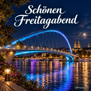 Blau beleuchtete Bogenbrücke über einen Fluss bei Nacht, dahinter eine Altstadt mit Domtürmen und Vollmond, darüber der Gruß Schönen Freitagabend