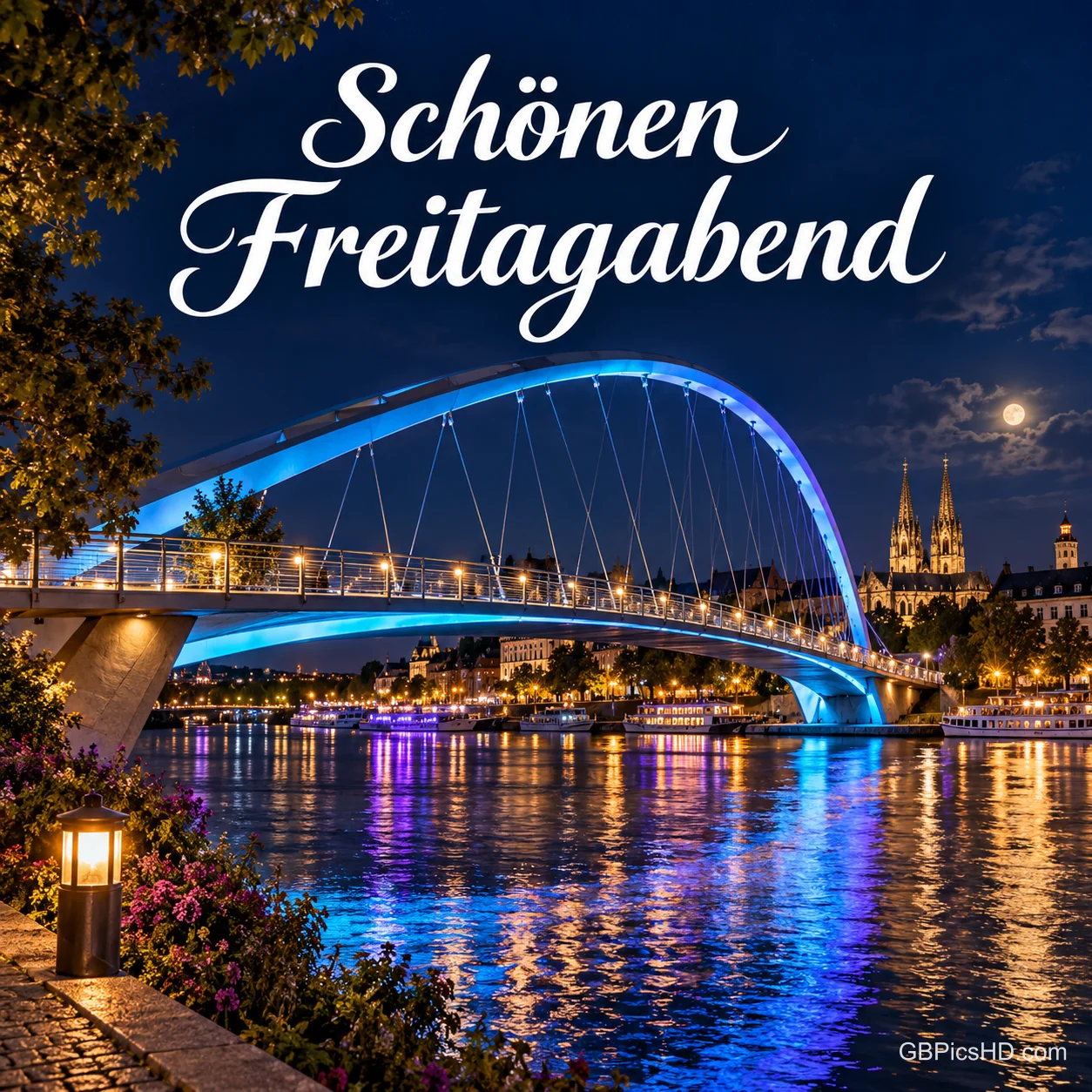 Blau beleuchtete Bogenbrücke über einen Fluss bei Nacht, dahinter eine Altstadt mit Domtürmen und Vollmond, darüber der Gruß Schönen Freitagabend Blau beleuchtete Bogenbrücke über einen Fluss bei Nacht, dahinter eine Altstadt mit Domtürmen und Vollmond, darüber der Gruß Schönen Freitagabend