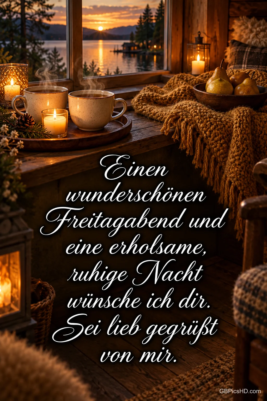 Zwei dampfende Tassen stehen bei Kerzen am Fenster mit Seeblick über dem Gruß "Einen wunderschönen Freitagabend". Zwei dampfende Tassen stehen bei Kerzen am Fenster mit Seeblick über dem Gruß "Einen wunderschönen Freitagabend".
