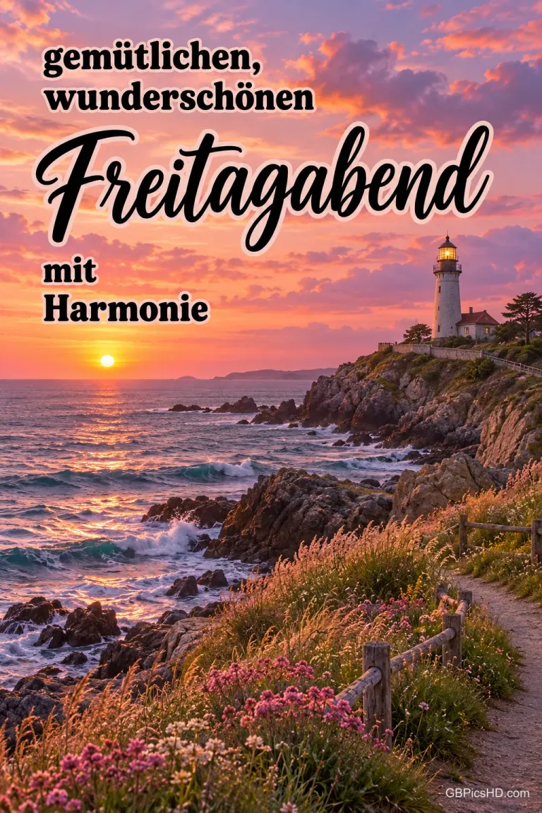 Leuchtturm auf einer felsigen Küste mit blühenden Wiesen und Pfad, die Sonne versinkt im Meer unter rosa Wolken, dazu ein harmonischer Freitagsgruß