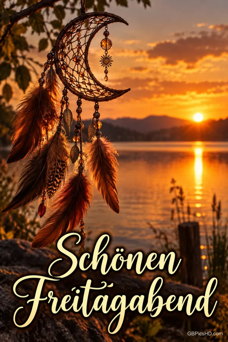 Traumfänger in Halbmondform mit Federn hängt an einem Zweig vor einem See im goldenen Sonnenuntergang, unten der Gruß in geschwungener Schrift