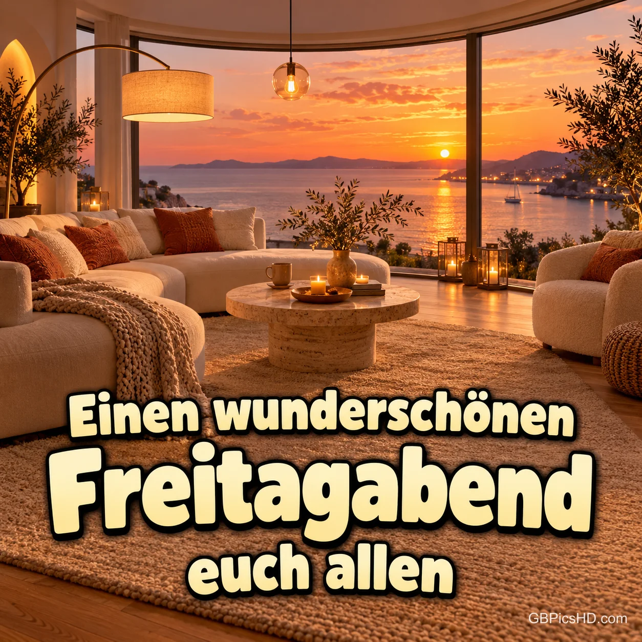 Helles Wohnzimmer mit runder Couch, Kissen, Lampen und Kerzen, durch große Panoramafenster sieht man das Meer im Sonnenuntergang, dazu ein Freitagsgruß Helles Wohnzimmer mit runder Couch, Kissen, Lampen und Kerzen, durch große Panoramafenster sieht man das Meer im Sonnenuntergang, dazu ein Freitagsgruß