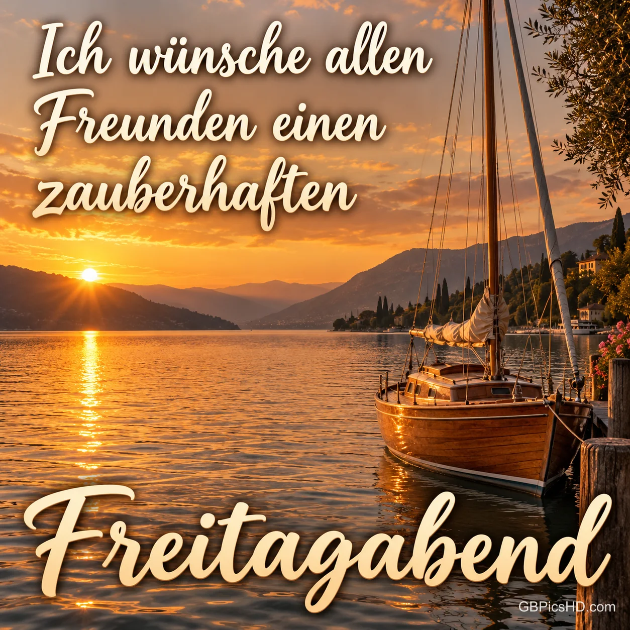 Holzsegelboot liegt am Ufer eines ruhigen Sees, die Sonne geht golden hinter Bergen unter und spiegelt sich im Wasser, dazu ein Gruß an Freunde Holzsegelboot liegt am Ufer eines ruhigen Sees, die Sonne geht golden hinter Bergen unter und spiegelt sich im Wasser, dazu ein Gruß an Freunde