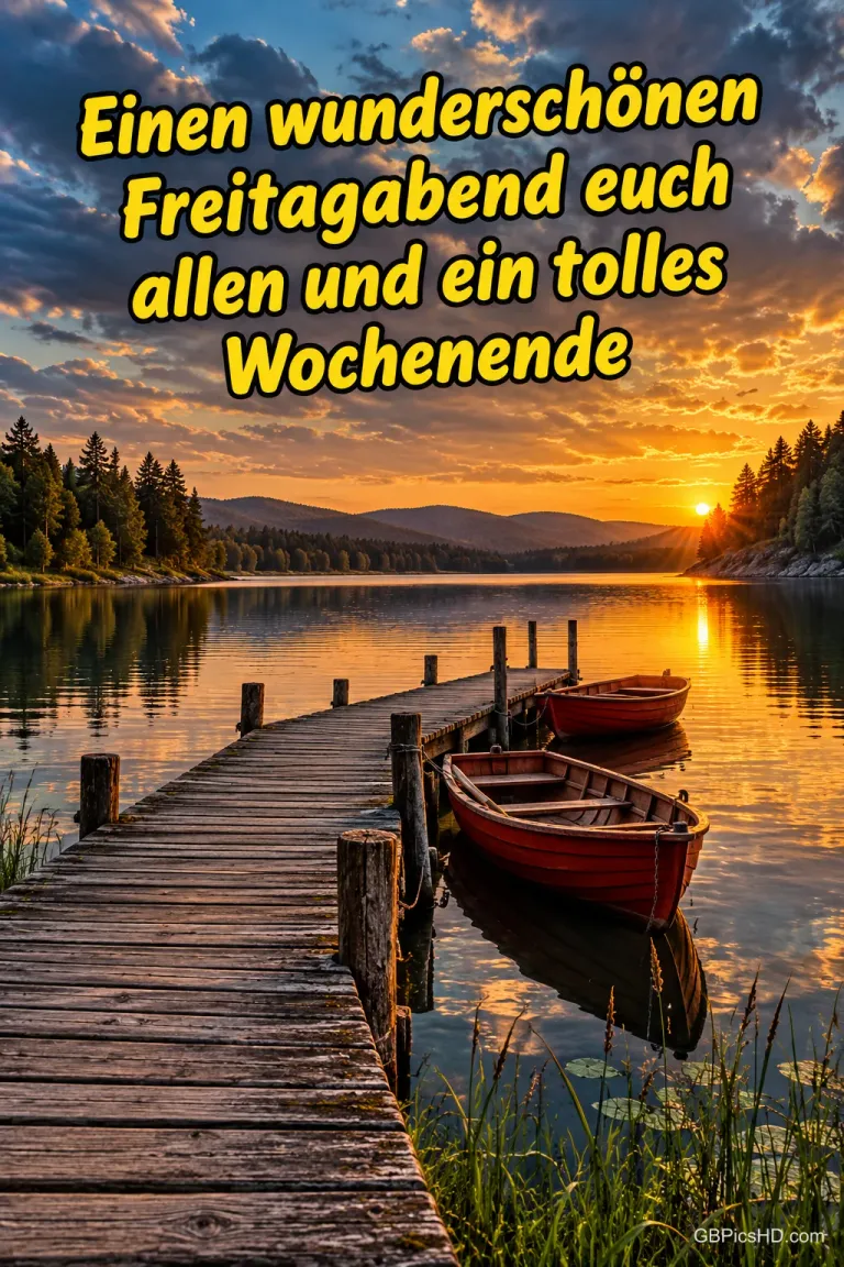 Holzsteg führt auf einen stillen See hinaus, daneben liegen zwei rote Ruderboote, die Sonne versinkt hinter Wäldern, dazu Wünsche fürs Wochenende