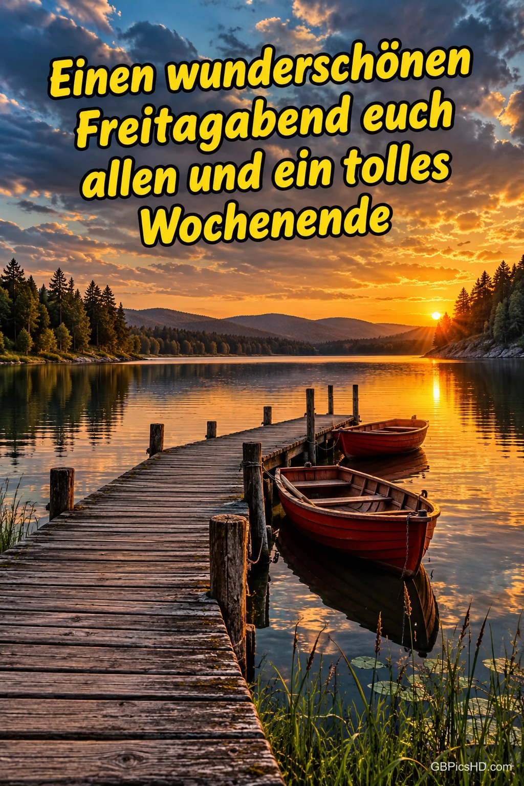 Holzsteg führt auf einen stillen See hinaus, daneben liegen zwei rote Ruderboote, die Sonne versinkt hinter Wäldern, dazu Wünsche fürs Wochenende Holzsteg führt auf einen stillen See hinaus, daneben liegen zwei rote Ruderboote, die Sonne versinkt hinter Wäldern, dazu Wünsche fürs Wochenende