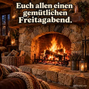 Knisterndes Feuer in einem großen Steinkamin einer rustikalen Stube, daneben Holzkorb, Laterne und Strickdecke, darüber ein gemütlicher Gruß zum Freitagabend