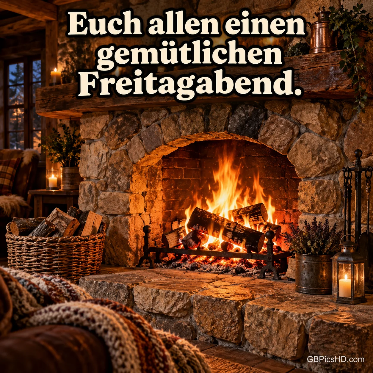 Knisterndes Feuer in einem großen Steinkamin einer rustikalen Stube, daneben Holzkorb, Laterne und Strickdecke, darüber ein gemütlicher Gruß zum Freitagabend Knisterndes Feuer in einem großen Steinkamin einer rustikalen Stube, daneben Holzkorb, Laterne und Strickdecke, darüber ein gemütlicher Gruß zum Freitagabend