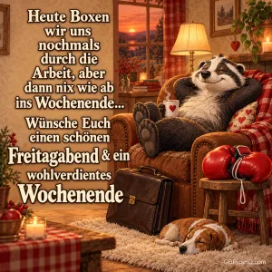 Lustiger Dachs entspannt im Ledersessel neben Boxhandschuhen und Aktentasche, ein Hund schläft auf dem Teppich, dazu ein witziger Gruß zum Freitagabend und Wochenende