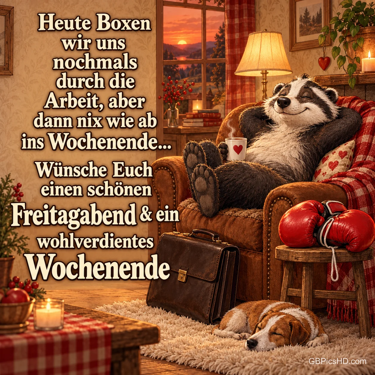 Lustiger Dachs entspannt im Ledersessel neben Boxhandschuhen und Aktentasche, ein Hund schläft auf dem Teppich, dazu ein witziger Gruß zum Freitagabend und Wochenende Lustiger Dachs entspannt im Ledersessel neben Boxhandschuhen und Aktentasche, ein Hund schläft auf dem Teppich, dazu ein witziger Gruß zum Freitagabend und Wochenende