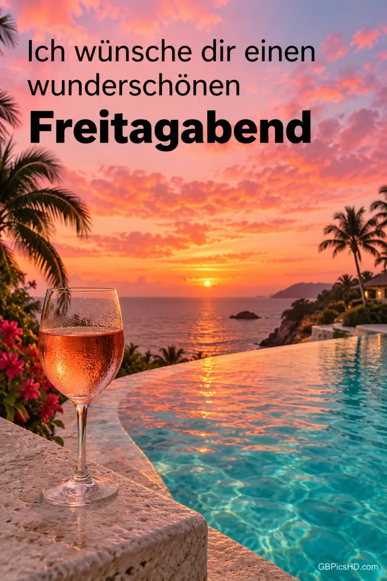 Glas Roséwein auf dem Rand eines Infinity-Pools mit Blick aufs Meer, Palmen und leuchtendem Sonnenuntergang, Text: Ich wünsche dir einen wunderschönen Freitagabend