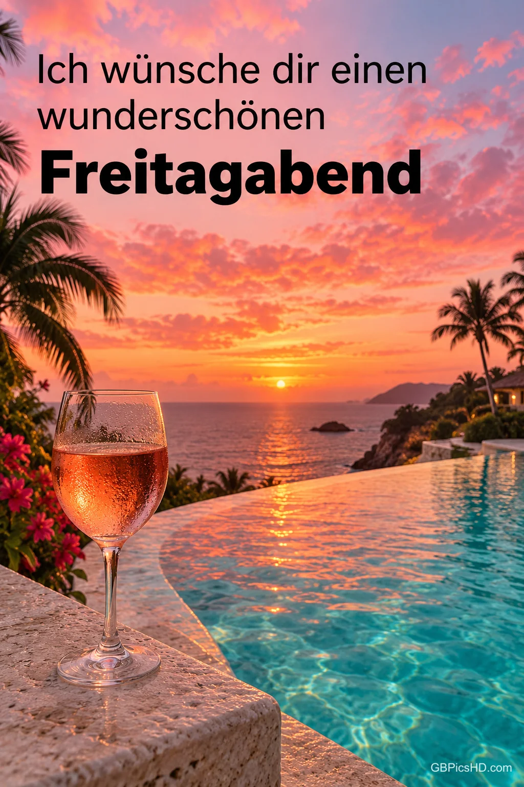 Glas Roséwein auf dem Rand eines Infinity-Pools mit Blick aufs Meer, Palmen und leuchtendem Sonnenuntergang, Text: Ich wünsche dir einen wunderschönen Freitagabend Glas Roséwein auf dem Rand eines Infinity-Pools mit Blick aufs Meer, Palmen und leuchtendem Sonnenuntergang, Text: Ich wünsche dir einen wunderschönen Freitagabend