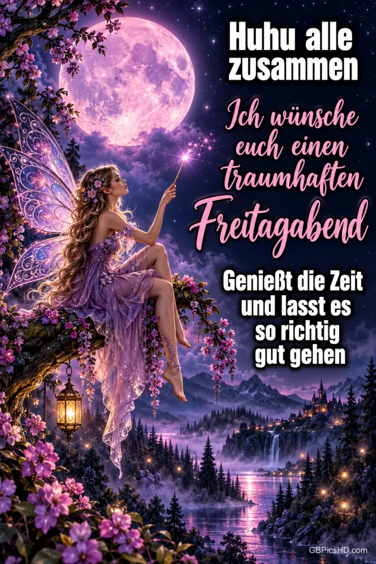 Elfe mit Zauberstab sitzt auf einem blühenden Ast vor großem violettem Vollmond über einer verzauberten Landschaft mit Laterne und Fluss, dazu ein Freitagabendgruß