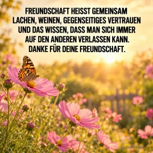 Ein Schmetterling sitzt auf rosa Schmuckkörbchen im goldenen Gegenlicht, darüber der Spruch "Freundschaft heißt gemeinsam lachen, weinen … Danke für deine Freundschaft."